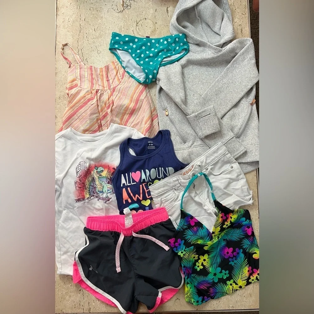 Bundle- Girl’s Cloth Size 6/7 Sweater, Shorts, Bathing Suit and T-shirts